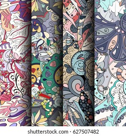 Set of tracery colorful seamless patterns. Curved doodling backgrounds for textile or printing with mehndi and ethnic motives. Vector
