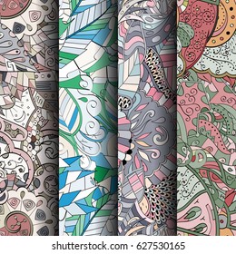 Set of tracery colorful seamless patterns. Curved doodling backgrounds for textile or printing with mehndi and ethnic motives. Vector