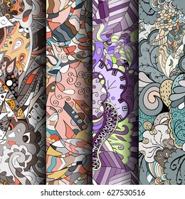 Set of tracery colorful seamless patterns. Curved doodling backgrounds for textile or printing with mehndi and ethnic motives. Vector