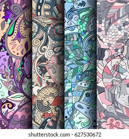 Set of tracery colorful seamless patterns. Curved doodling backgrounds for textile or printing with mehndi and ethnic motives. Vector