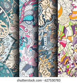Set of tracery colorful seamless patterns. Curved doodling backgrounds for textile or printing with mehndi and ethnic motives. Vector