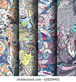 Set of tracery colorful seamless patterns. Curved doodling backgrounds for textile or printing with mehndi and ethnic motives. Vector