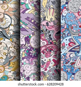 Set of tracery colorful seamless patterns. Curved doodling backgrounds for textile or printing with mehndi and ethnic motives. Vector