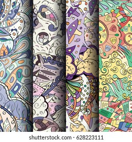 Set of tracery colorful seamless patterns. Curved doodling backgrounds for textile or printing with mehndi and ethnic motives. Vector
