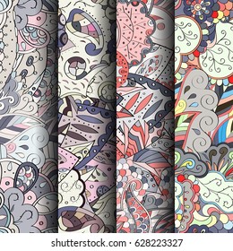 Set of tracery colorful seamless patterns. Curved doodling backgrounds for textile or printing with mehndi and ethnic motives. Vector