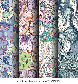 Set of tracery colorful seamless patterns. Curved doodling backgrounds for textile or printing with mehndi and ethnic motives. Vector