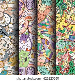 Set of tracery colorful seamless patterns. Curved doodling backgrounds for textile or printing with mehndi and ethnic motives. Vector