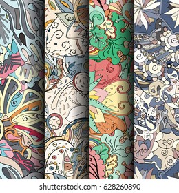 Set of tracery colorful seamless patterns. Curved doodling backgrounds for textile or printing with mehndi and ethnic motives. Vector