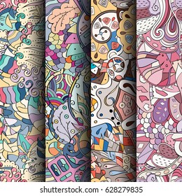 Set of tracery colorful seamless patterns. Curved doodling backgrounds for textile or printing with mehndi and ethnic motives. Vector
