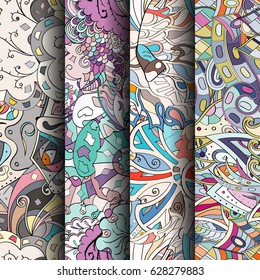 Set of tracery colorful seamless patterns. Curved doodling backgrounds for textile or printing with mehndi and ethnic motives. Vector