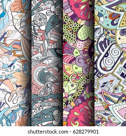 Set of tracery colorful seamless patterns. Curved doodling backgrounds for textile or printing with mehndi and ethnic motives. Vector