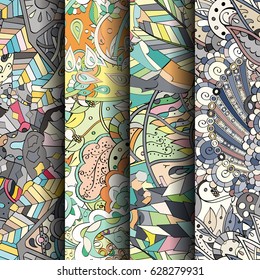 Set of tracery colorful seamless patterns. Curved doodling backgrounds for textile or printing with mehndi and ethnic motives. Vector