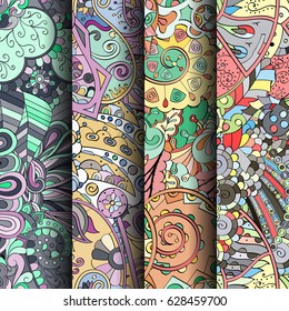 Set of tracery colorful seamless patterns. Curved doodling backgrounds for textile or printing with mehndi and ethnic motives. Vector