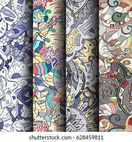 Set of tracery colorful seamless patterns. Curved doodling backgrounds for textile or printing with mehndi and ethnic motives. Vector