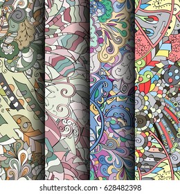 Set of tracery colorful seamless patterns. Curved doodling backgrounds for textile or printing with mehndi and ethnic motives. Vector