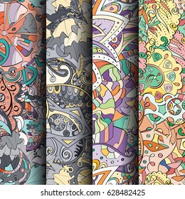 Set of tracery colorful seamless patterns. Curved doodling backgrounds for textile or printing with mehndi and ethnic motives. Vector