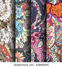 Set of tracery colorful seamless patterns. Curved doodling backgrounds for textile or printing with mehndi and ethnic motives. Vector