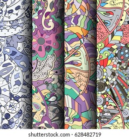 Set of tracery colorful seamless patterns. Curved doodling backgrounds for textile or printing with mehndi and ethnic motives. Vector