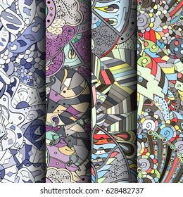 Set of tracery colorful seamless patterns. Curved doodling backgrounds for textile or printing with mehndi and ethnic motives. Vector