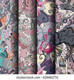 Set of tracery colorful seamless patterns. Curved doodling backgrounds for textile or printing with mehndi and ethnic motives. Vector