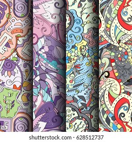 Set of tracery colorful seamless patterns. Curved doodling backgrounds for textile or printing with mehndi and ethnic motives. Vector