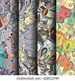 Set of tracery colorful seamless patterns. Curved doodling backgrounds for textile or printing with mehndi and ethnic motives. Vector