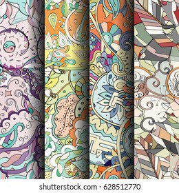 Set of tracery colorful seamless patterns. Curved doodling backgrounds for textile or printing with mehndi and ethnic motives. Vector