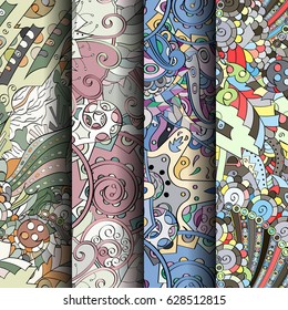Set of tracery colorful seamless patterns. Curved doodling backgrounds for textile or printing with mehndi and ethnic motives. Vector