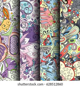 Set of tracery colorful seamless patterns. Curved doodling backgrounds for textile or printing with mehndi and ethnic motives. Vector