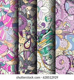 Set of tracery colorful seamless patterns. Curved doodling backgrounds for textile or printing with mehndi and ethnic motives. Vector