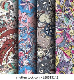 Set of tracery colorful seamless patterns. Curved doodling backgrounds for textile or printing with mehndi and ethnic motives. Vector