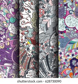 Set of tracery colorful seamless patterns. Curved doodling backgrounds for textile or printing with mehndi and ethnic motives. Vector