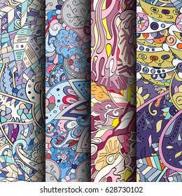 Set of tracery colorful seamless patterns. Curved doodling backgrounds for textile or printing with mehndi and ethnic motives. Vector