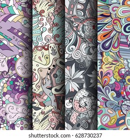 Set of tracery colorful seamless patterns. Curved doodling backgrounds for textile or printing with mehndi and ethnic motives. Vector