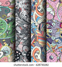 Set of tracery colorful seamless patterns. Curved doodling backgrounds for textile or printing with mehndi and ethnic motives. Vector