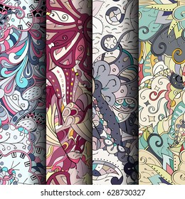 Set of tracery colorful seamless patterns. Curved doodling backgrounds for textile or printing with mehndi and ethnic motives. Vector