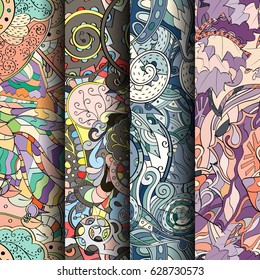 Set of tracery colorful seamless patterns. Curved doodling backgrounds for textile or printing with mehndi and ethnic motives. Vector