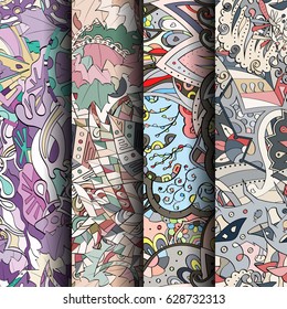 Set of tracery colorful seamless patterns. Curved doodling backgrounds for textile or printing with mehndi and ethnic motives. Vector