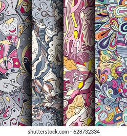Set of tracery colorful seamless patterns. Curved doodling backgrounds for textile or printing with mehndi and ethnic motives. Vector