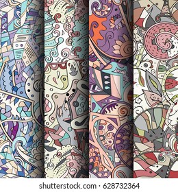 Set of tracery colorful seamless patterns. Curved doodling backgrounds for textile or printing with mehndi and ethnic motives. Vector