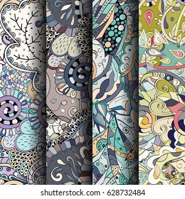 Set of tracery colorful seamless patterns. Curved doodling backgrounds for textile or printing with mehndi and ethnic motives. Vector