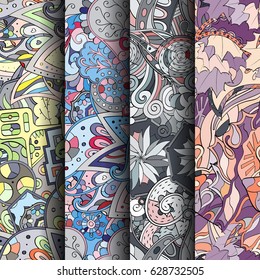 Set of tracery colorful seamless patterns. Curved doodling backgrounds for textile or printing with mehndi and ethnic motives. Vector