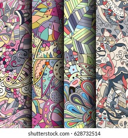 Set of tracery colorful seamless patterns. Curved doodling backgrounds for textile or printing with mehndi and ethnic motives. Vector