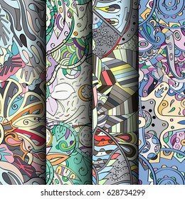 Set of tracery colorful seamless patterns. Curved doodling backgrounds for textile or printing with mehndi and ethnic motives. Vector