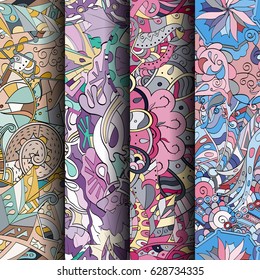 Set of tracery colorful seamless patterns. Curved doodling backgrounds for textile or printing with mehndi and ethnic motives. Vector