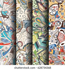 Set of tracery colorful seamless patterns. Curved doodling backgrounds for textile or printing with mehndi and ethnic motives. Vector