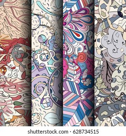 Set of tracery colorful seamless patterns. Curved doodling backgrounds for textile or printing with mehndi and ethnic motives. Vector