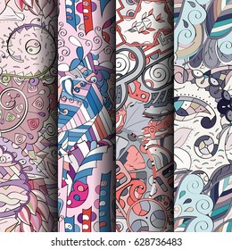Set of tracery colorful seamless patterns. Curved doodling backgrounds for textile or printing with mehndi and ethnic motives. Vector