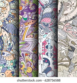 Set of tracery colorful seamless patterns. Curved doodling backgrounds for textile or printing with mehndi and ethnic motives. Vector