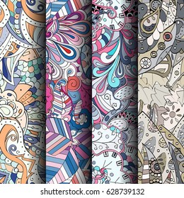 Set of tracery colorful seamless patterns. Curved doodling backgrounds for textile or printing with mehndi and ethnic motives. Vector